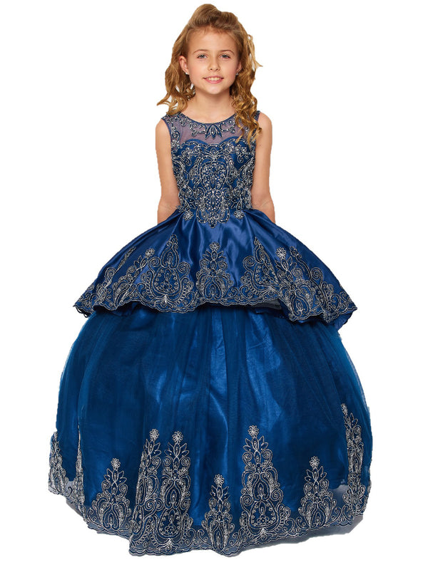 Little Girls Navy Metallic Coiled Embroidered Stone Flower Girl Dress 2-6 - SophiasStyle.com